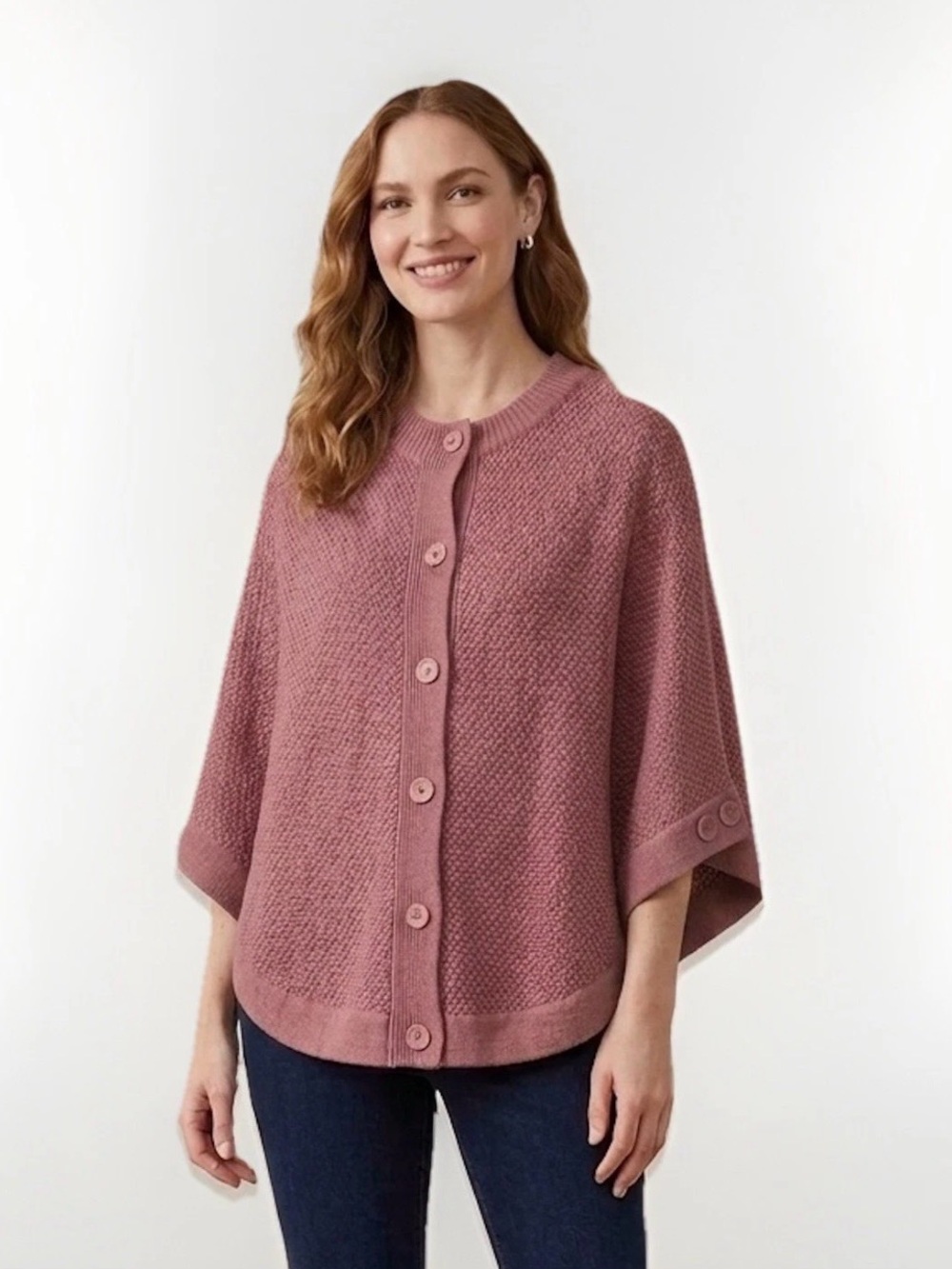 Denim & Co. Stand Collar Button Front Cape Poncho Sweater Mauve Pink Rosebrown L